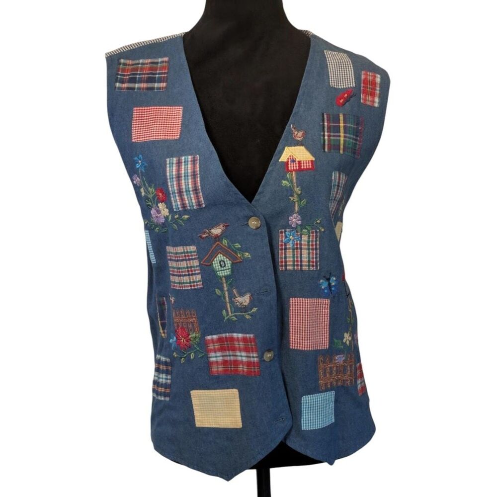 VTG Casey & Max Patchwork Grandmacore Embroidered 90s Birds Whimsical Vest XL